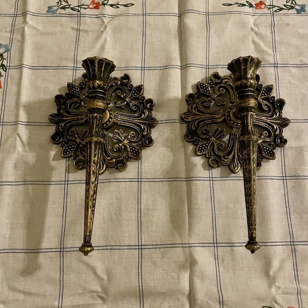 Vintage Homco Candle Sconces Pair 1973 Ornate Resin Decor Hollywood Regency MCM